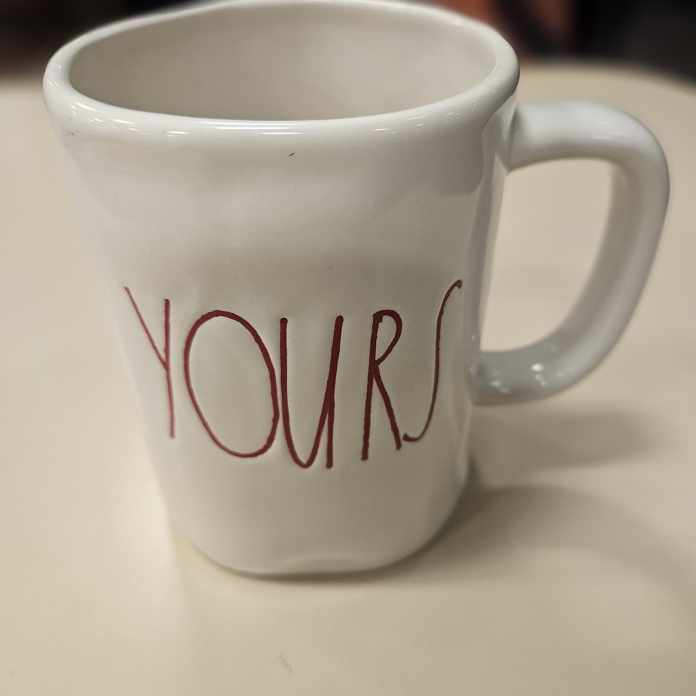 Magenta White Mug with Red 'YOURS' Text
